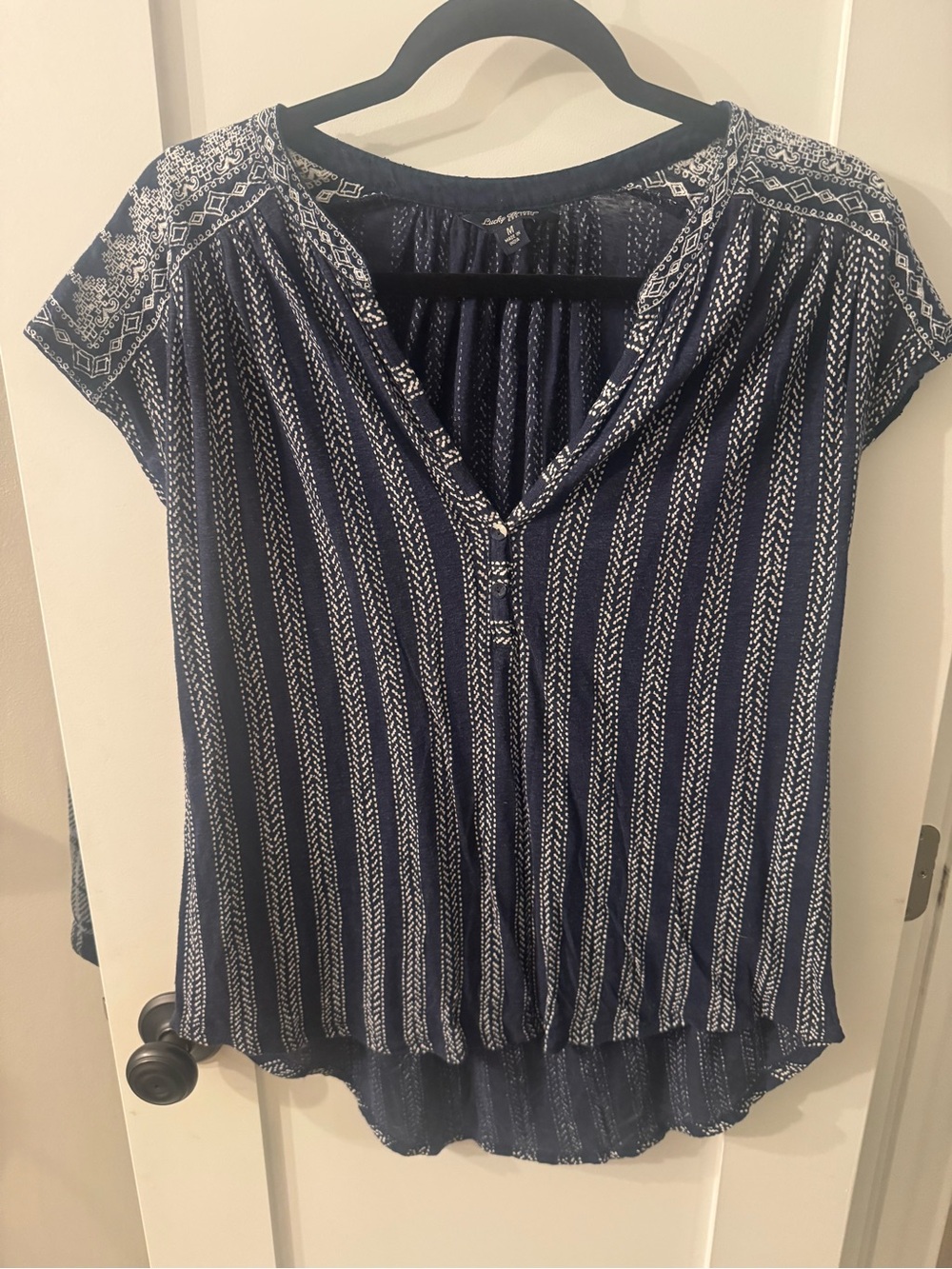 Lucky Brand Women’s Navy Ivory Boho Print Short Sleeve Blouse M